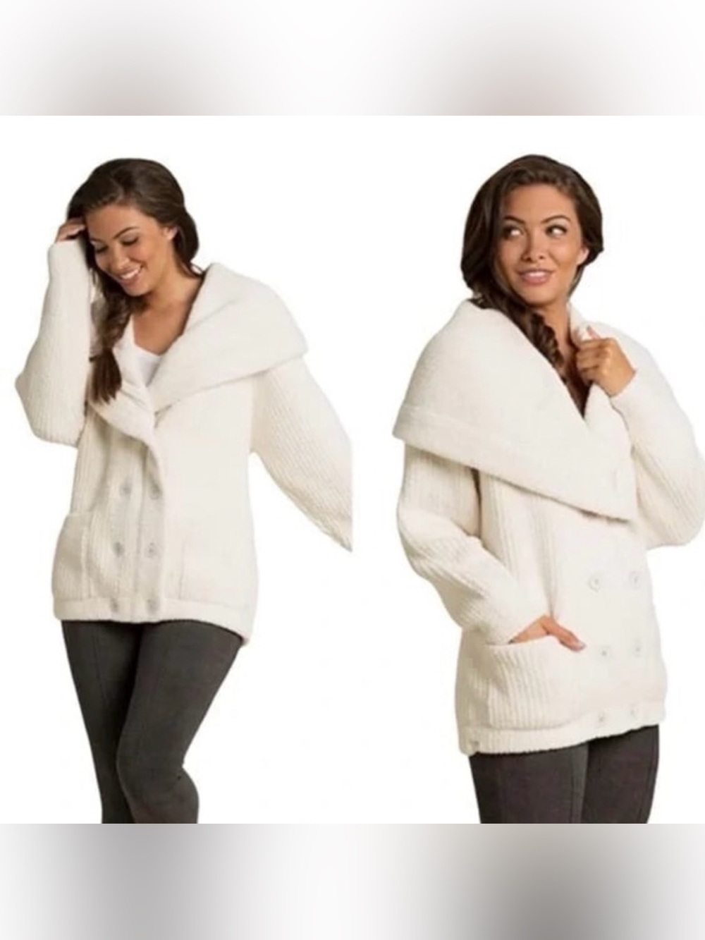 Barefoot Dreams CozyChic Double Breasted Rib Button Front Cardigan Cream XS